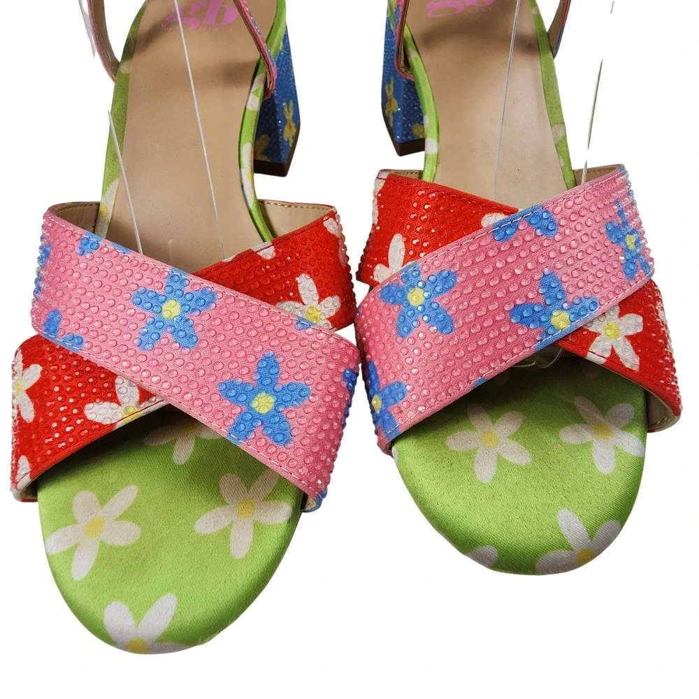 GB Gianni Bini Girls 5M Floral Rhinestone Block Heel Sandals Kidcore Party Retro